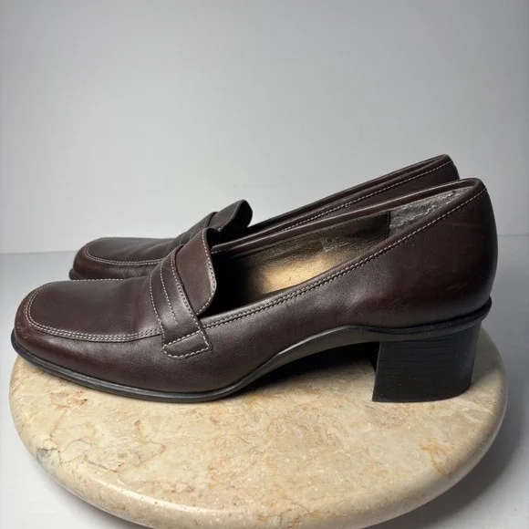 Aerology by Aerosoles Alexis Brown Leather Square Toe Block Heel Loafers 9M - Picture 1 of 10